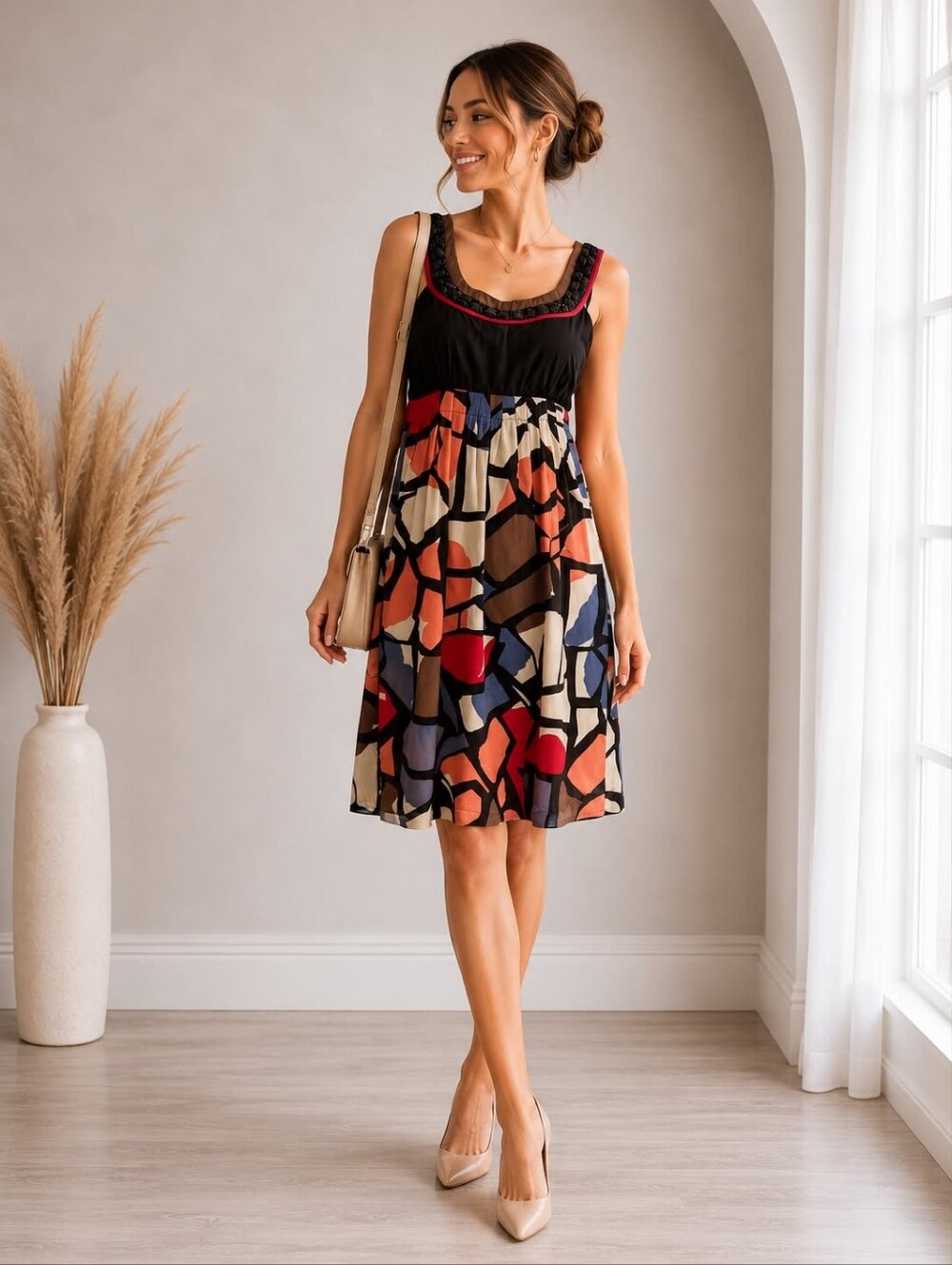 100%Silk  💕Kensie Black Bodice Multi-Color Abstract Print Mini Dress